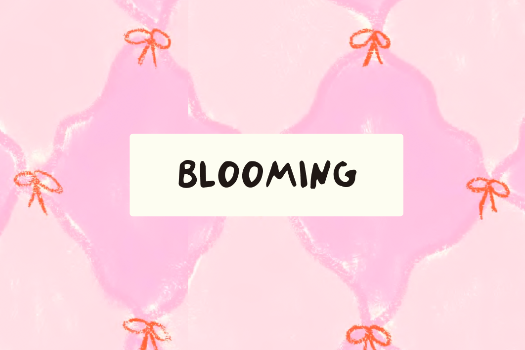 Pink balloons with orange ribbons on a pink background with 'BLOOMING' text.
