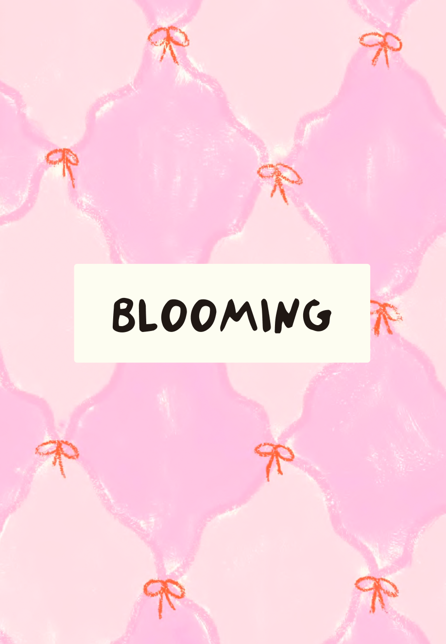 Pink floral pattern with 'BLOOMING' text on a white background