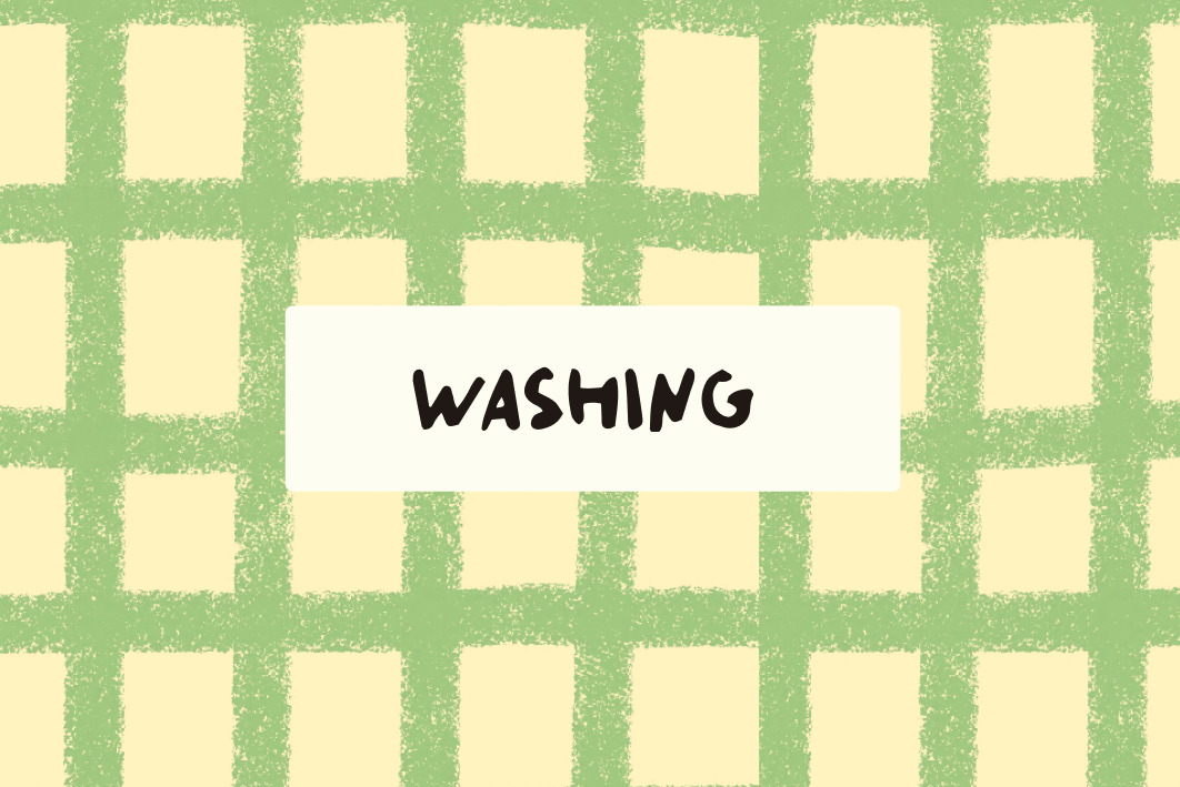 Checkered pattern with a white square and 'WASHING' text on a green background
